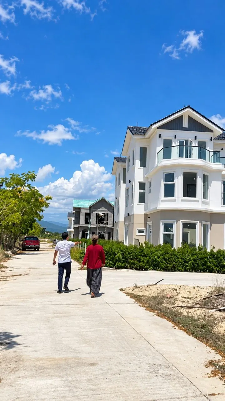 Đi giữa dãy biệt thự đã hoàn thiện mặt ngoài